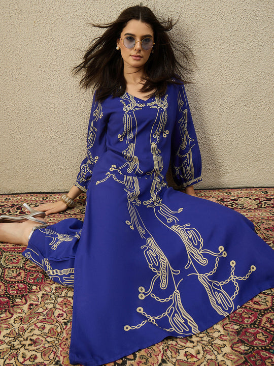 Blue Printed Viscose Rayon Straight Kurta Palazzo Set