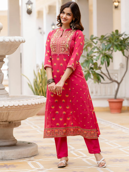 Pink Printed Pure Cotton Straight Kurta Pant Set