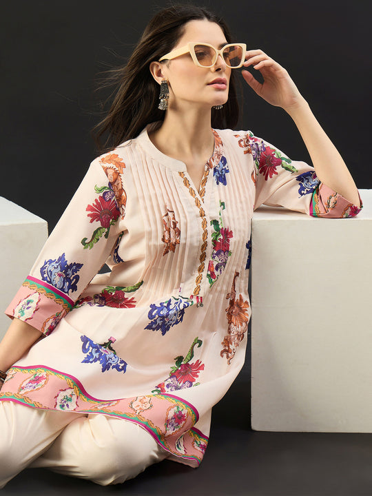 Peach Printed A Line Kurta Trouser set