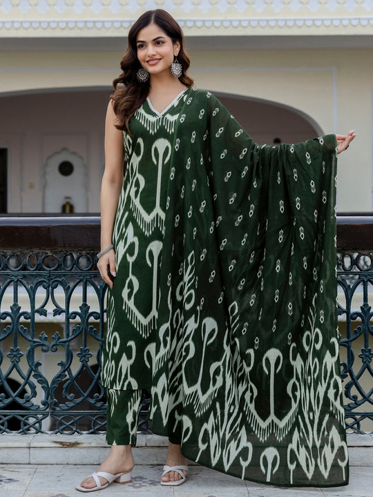 Green Printed Pure Cotton Straight Kurta Set With Dupatta