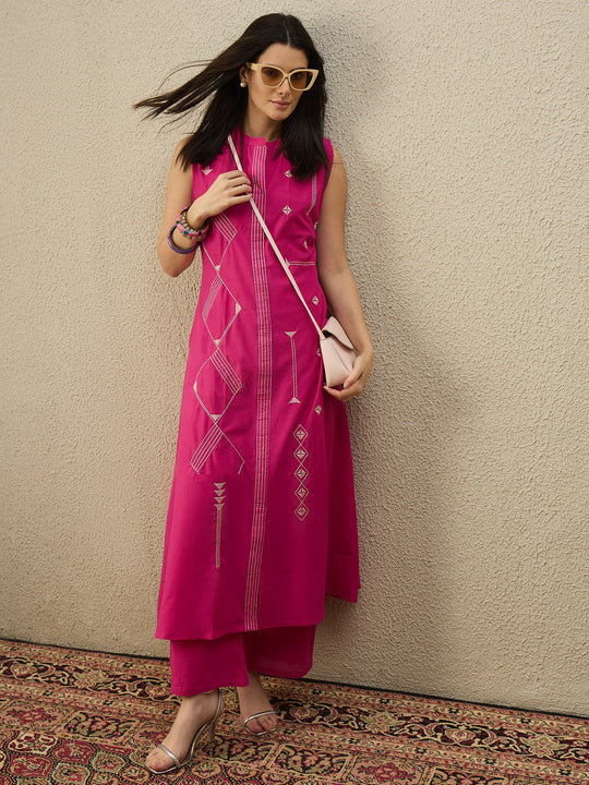 Pink Embroidered Pure Cotton A-Line Kurta Palazzo Set