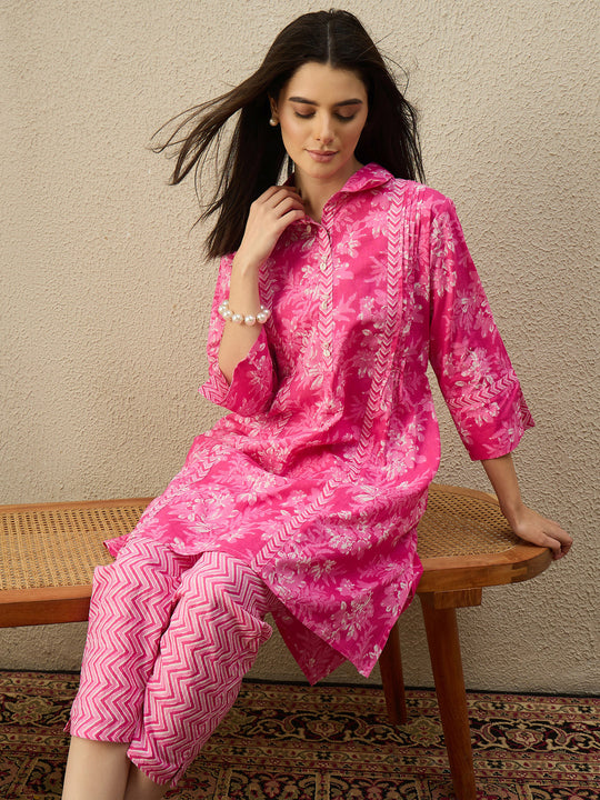 Pink Printed Pure Cotton A-Line Kurta Sets