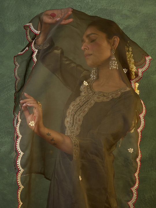 Green Embroidered Liva Straight Women Kurta Trouser With Dupatta