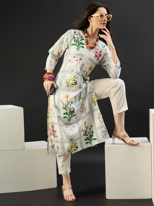 Off White Printed Linen Straight Kurta Sets