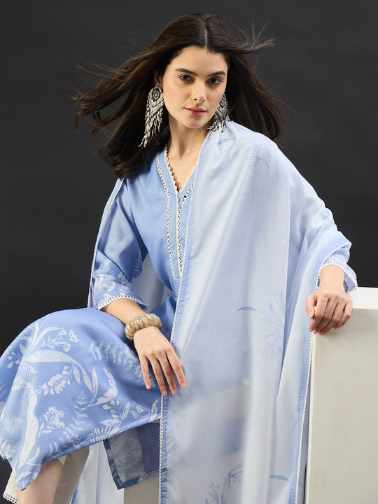 Blue Printed Linen Straight Kurta Sets With Dupatta