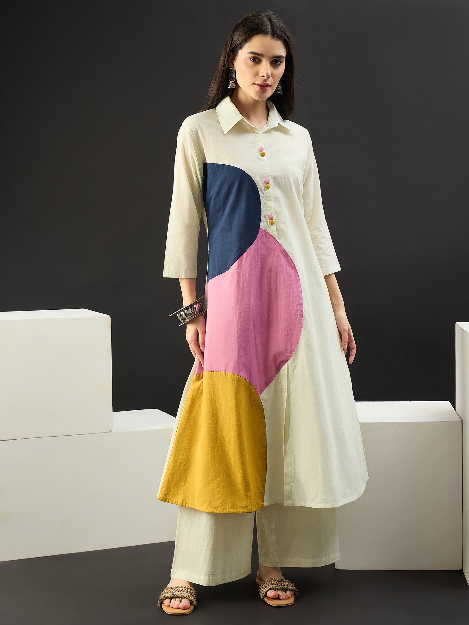 Off White Printed Pure Cotton A-Line Kurta Trouser Set