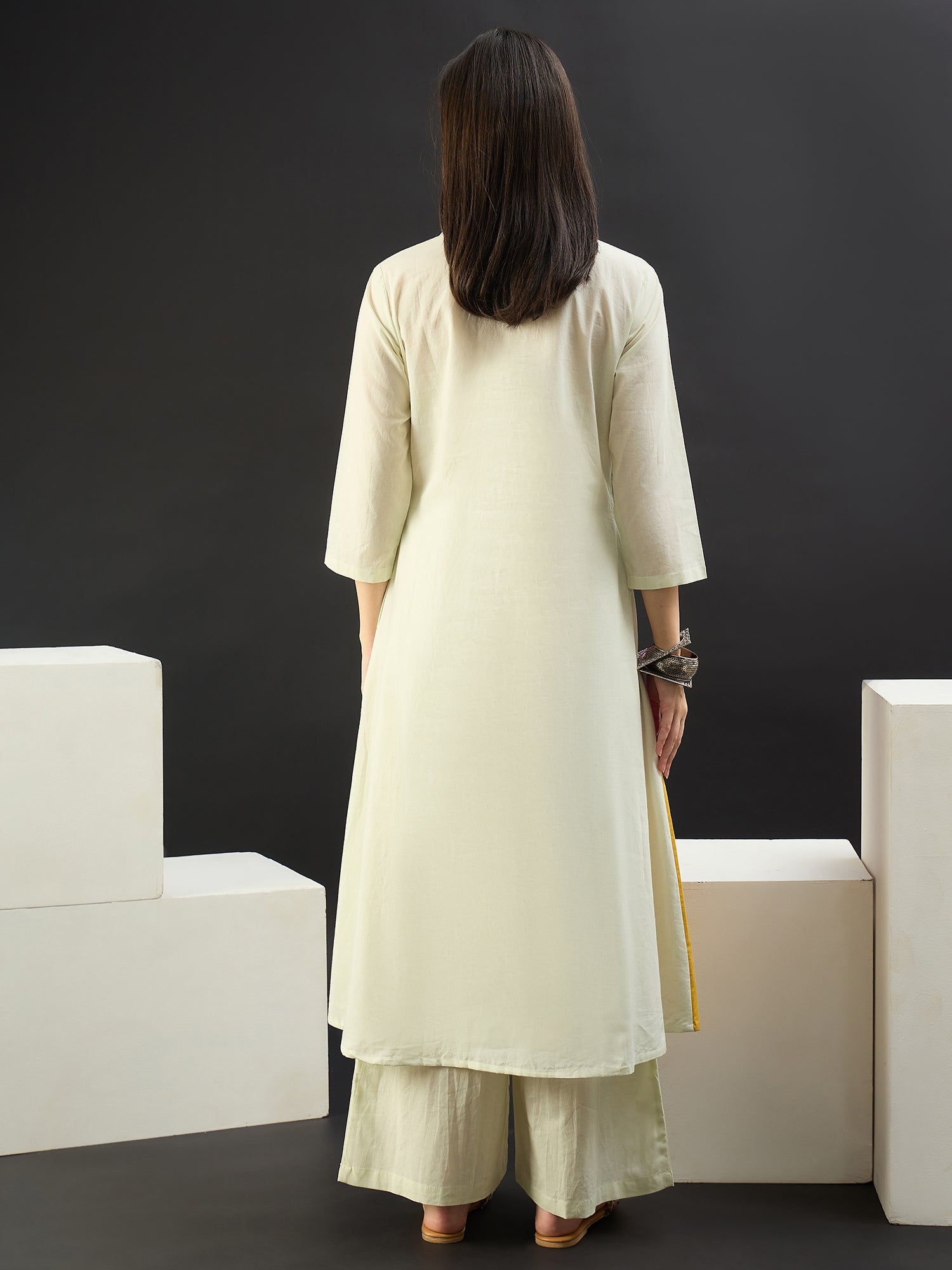 Off White Printed Pure Cotton A-Line Kurta Trouser Set