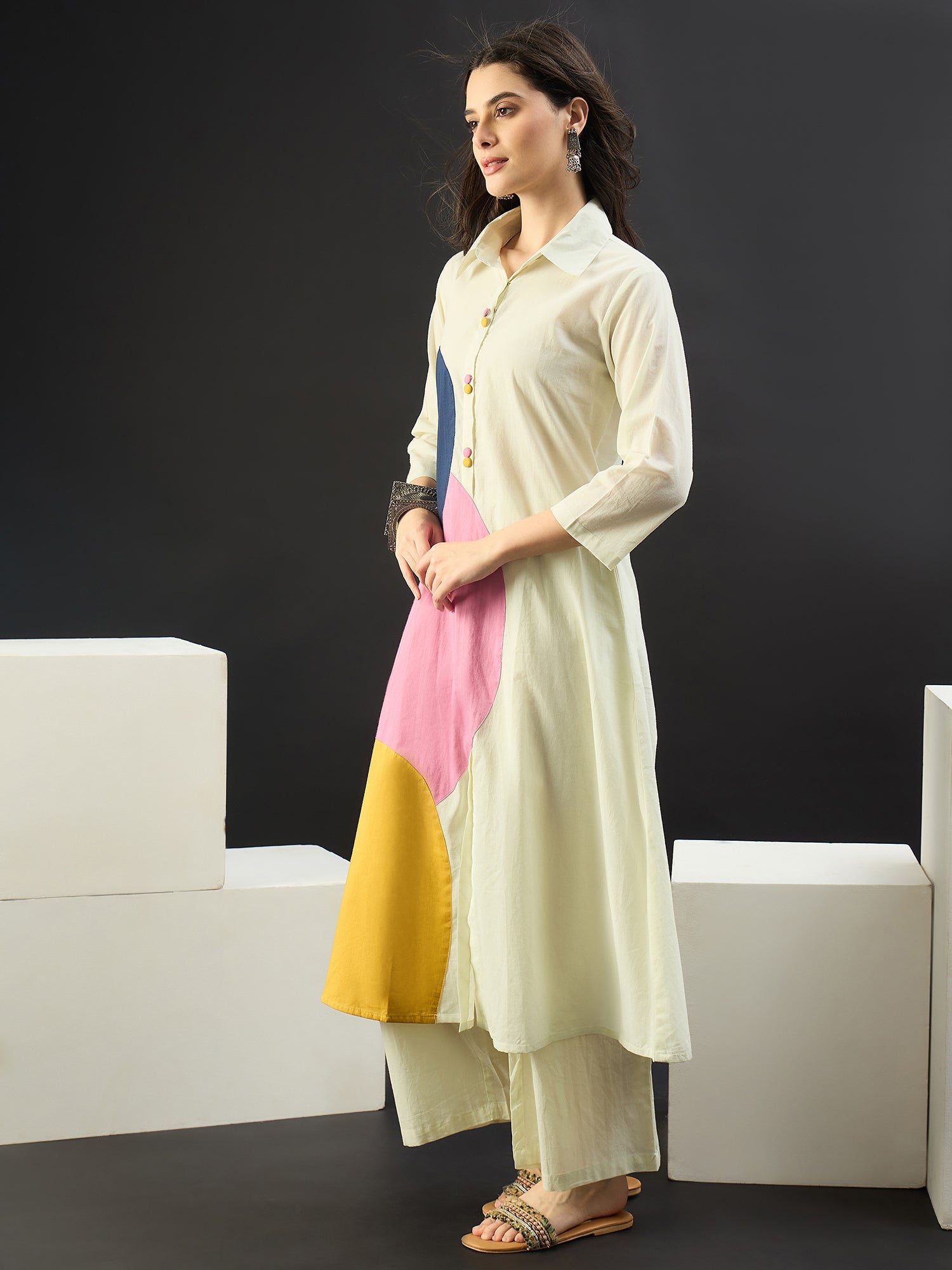 Off White Printed Pure Cotton A-Line Kurta Trouser Set