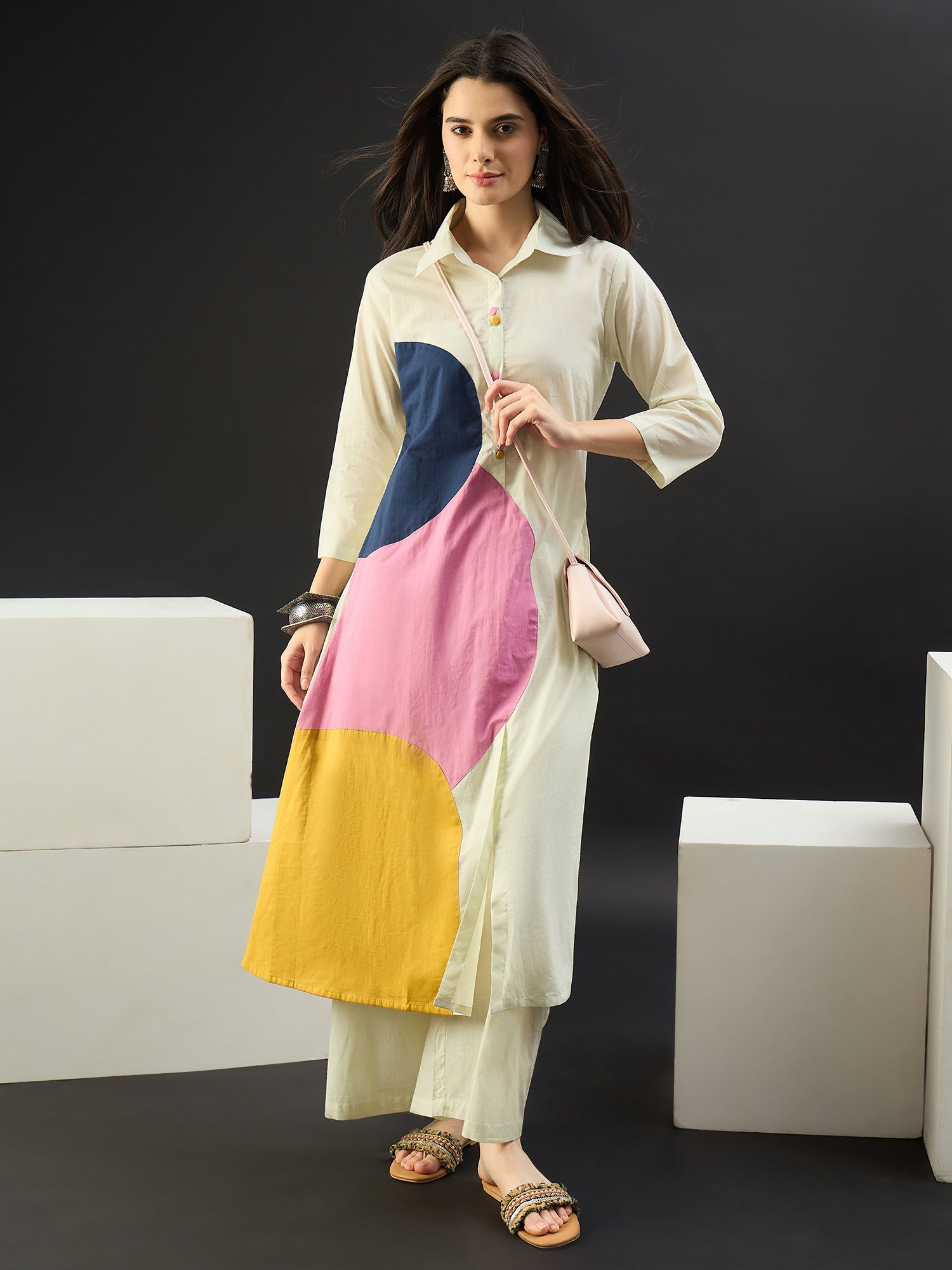 Off White Printed Pure Cotton A-Line Kurta Trouser Set