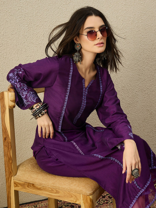 Purple Embroidered Silk Blend Straight Kurta Sets