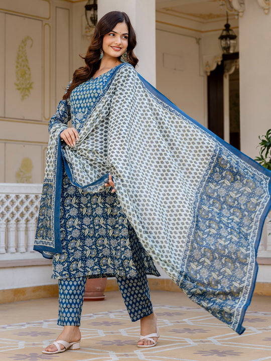 Blue Printed Pure Cotton Straight Kurta Sets With Dupatta