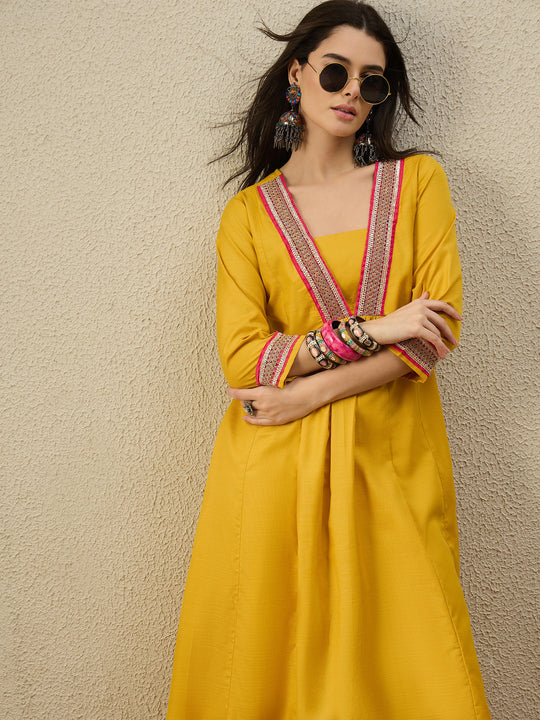 Yellow Self Design Cotton Blend A-Line Kurta Trousers Set