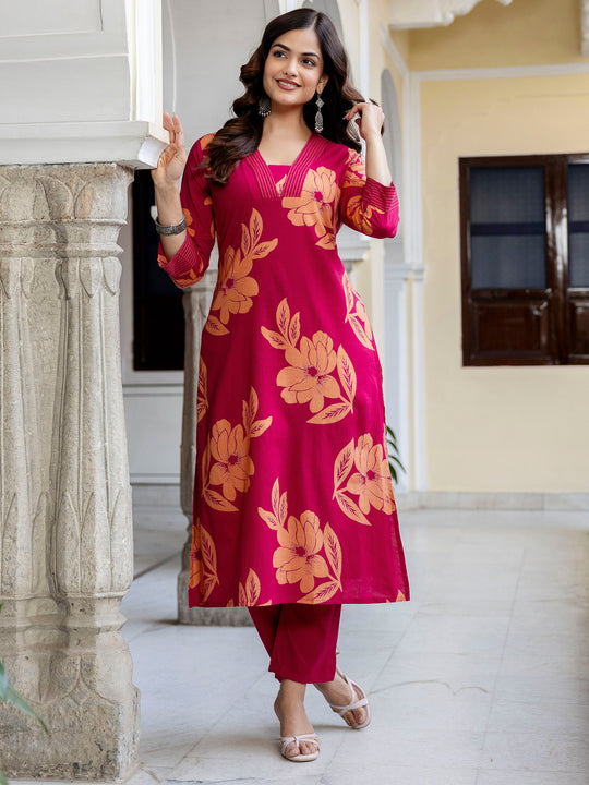 Pink Printed Pure Cotton Straight Kurta Trousers Set