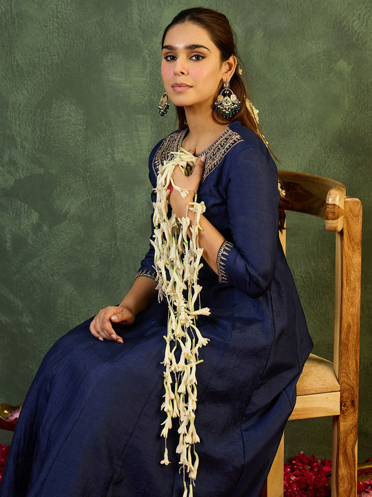 Indo Era Blue Embroidered Anarkali Kurta Trousers Set