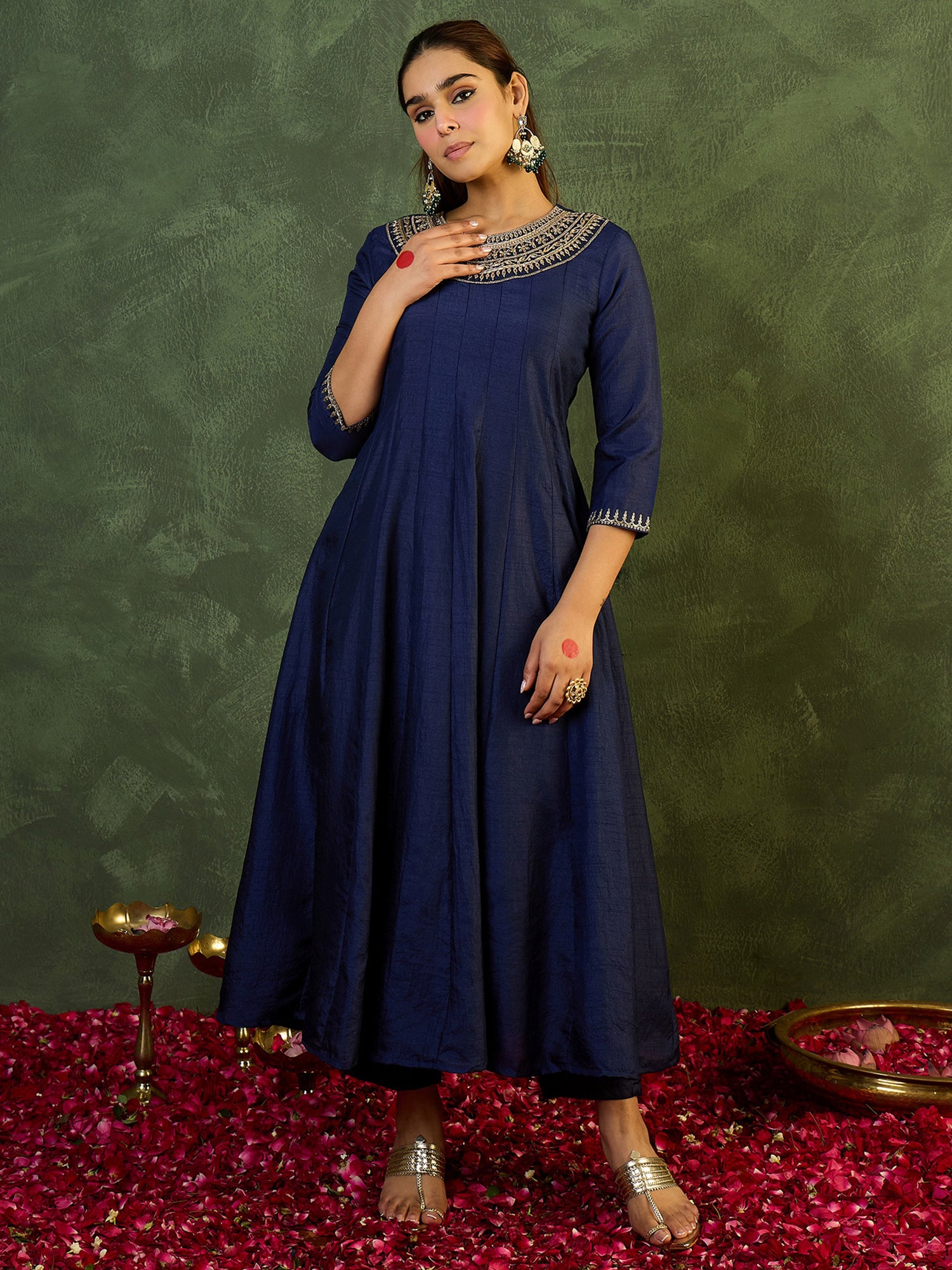 Indo Era Blue Embroidered Anarkali Kurta Trousers Set