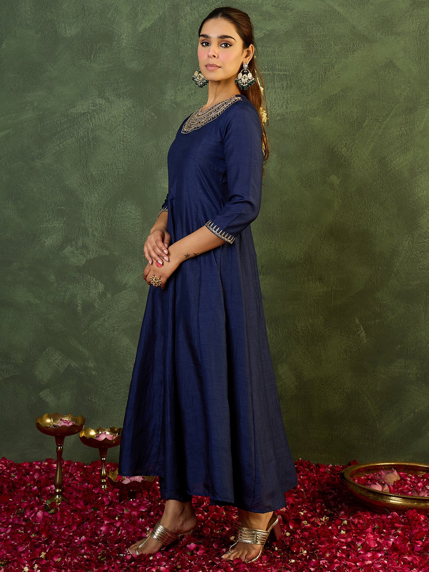 Indo Era Blue Embroidered Anarkali Kurta Trousers Set