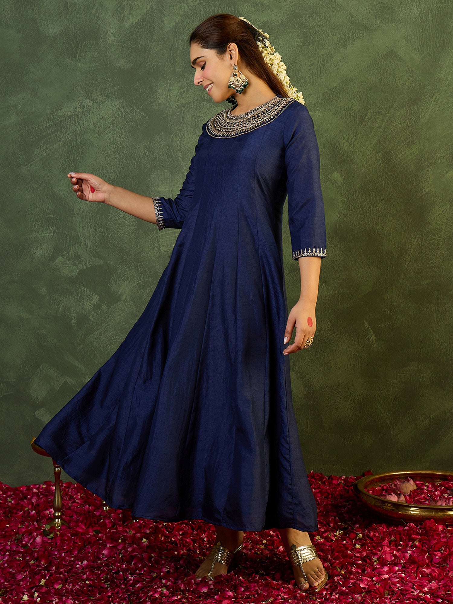 Indo Era Blue Embroidered Anarkali Kurta Trousers Set