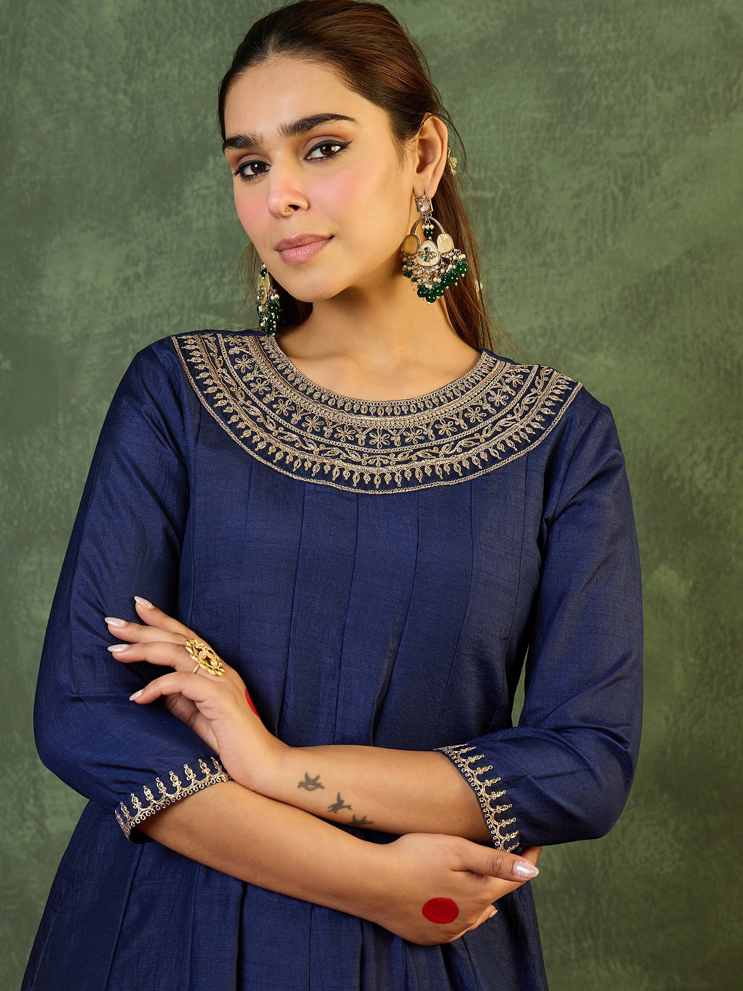 Indo Era Blue Embroidered Anarkali Kurta Trousers Set