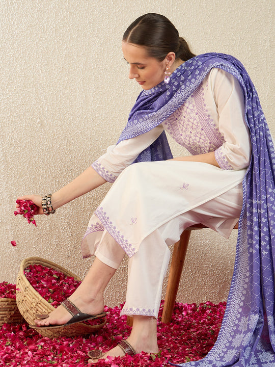 Indo Era White Embroidered Straight Kurta Trousers Set
