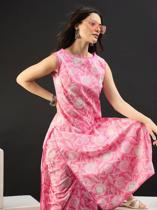 Pink Printed Pure Cotton Straight Kurta Trousers Set