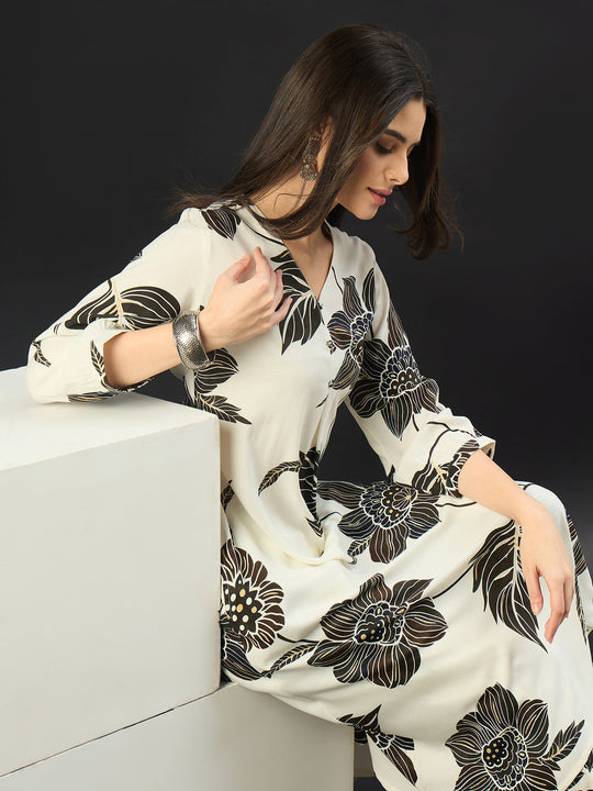 White Printed Viscose Rayon A-Line Kurta Trousers Set