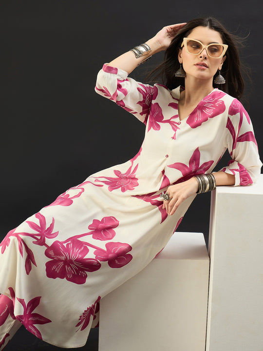 White Printed Viscose Rayon A-Line Kurta Trousers Set