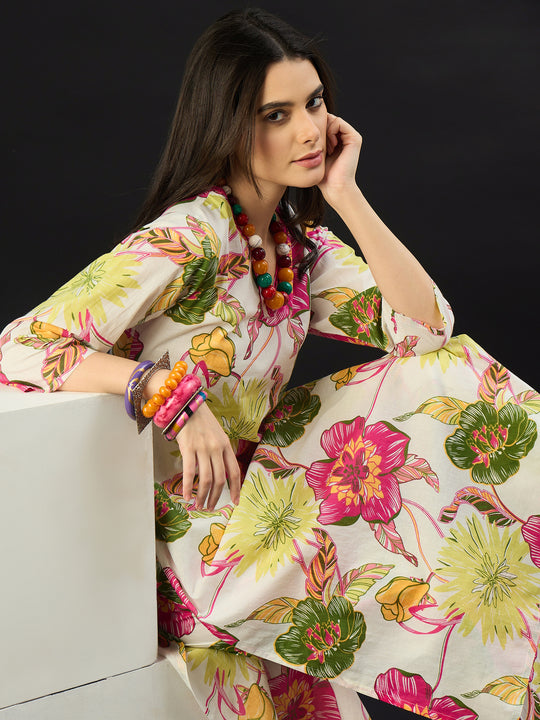 Off White Printed Pure Cotton Straight Kurta Trouser Set