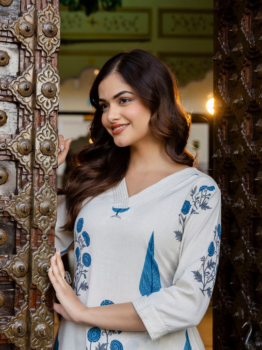 White Printed Cotton Blend A-Line Kurta Palazzo Set
