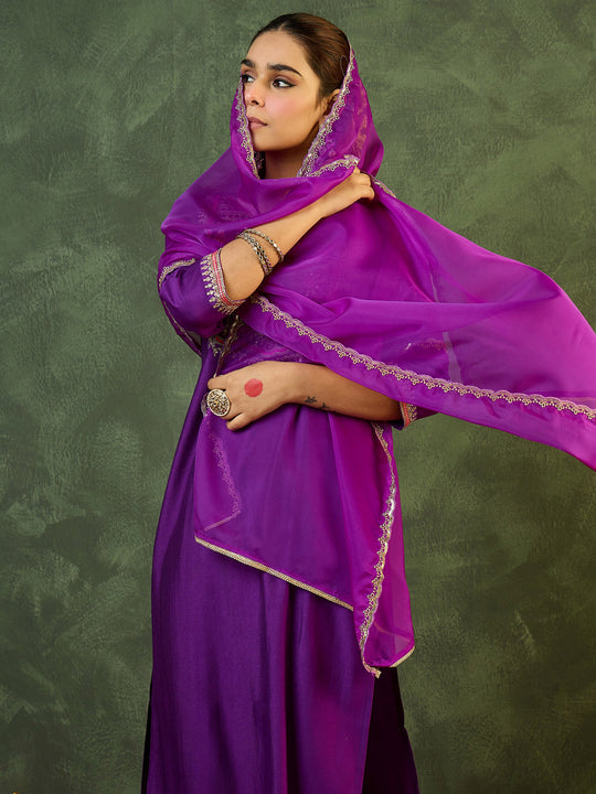 Indo Era Purple Embroidered Straight Kurta Trousers With Dupatta set