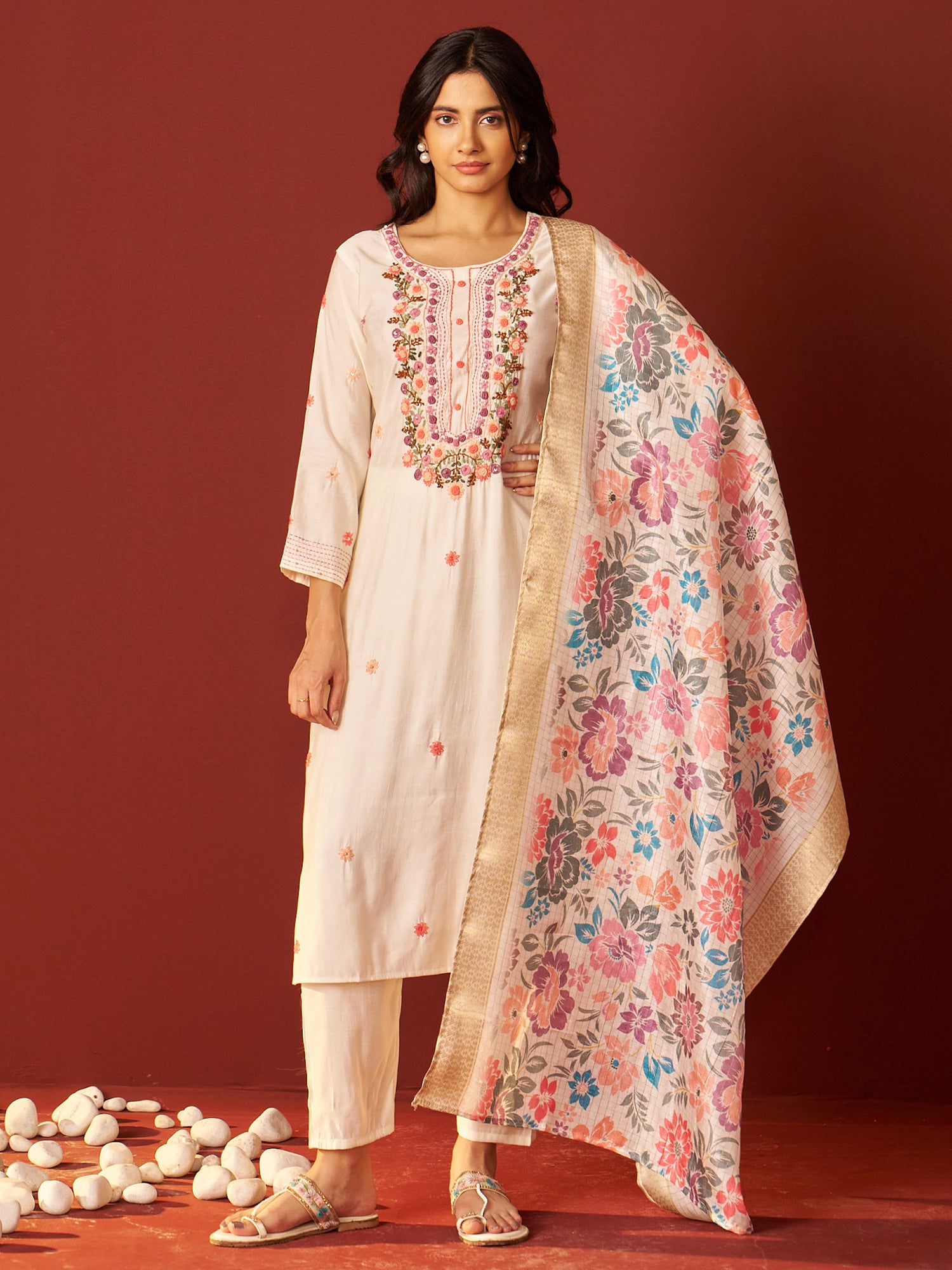Indo Era Off White Embroidered Straight Kurta Trousers With Dupatta Set