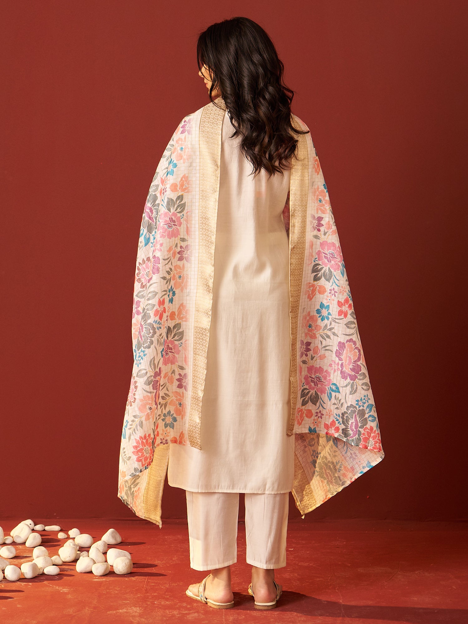 Indo Era Off White Embroidered Straight Kurta Trousers With Dupatta Set
