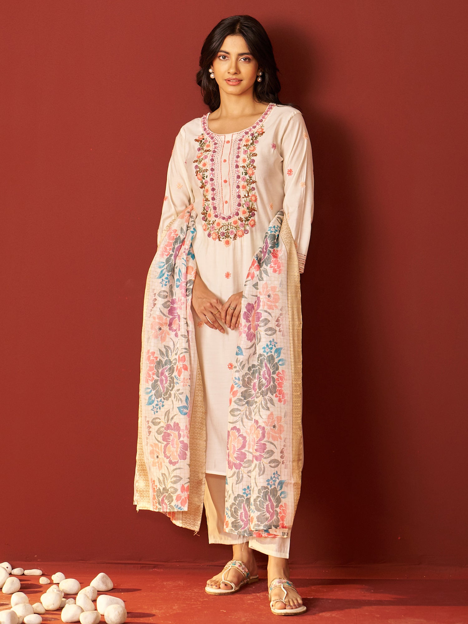 Indo Era Off White Embroidered Straight Kurta Trousers With Dupatta Set