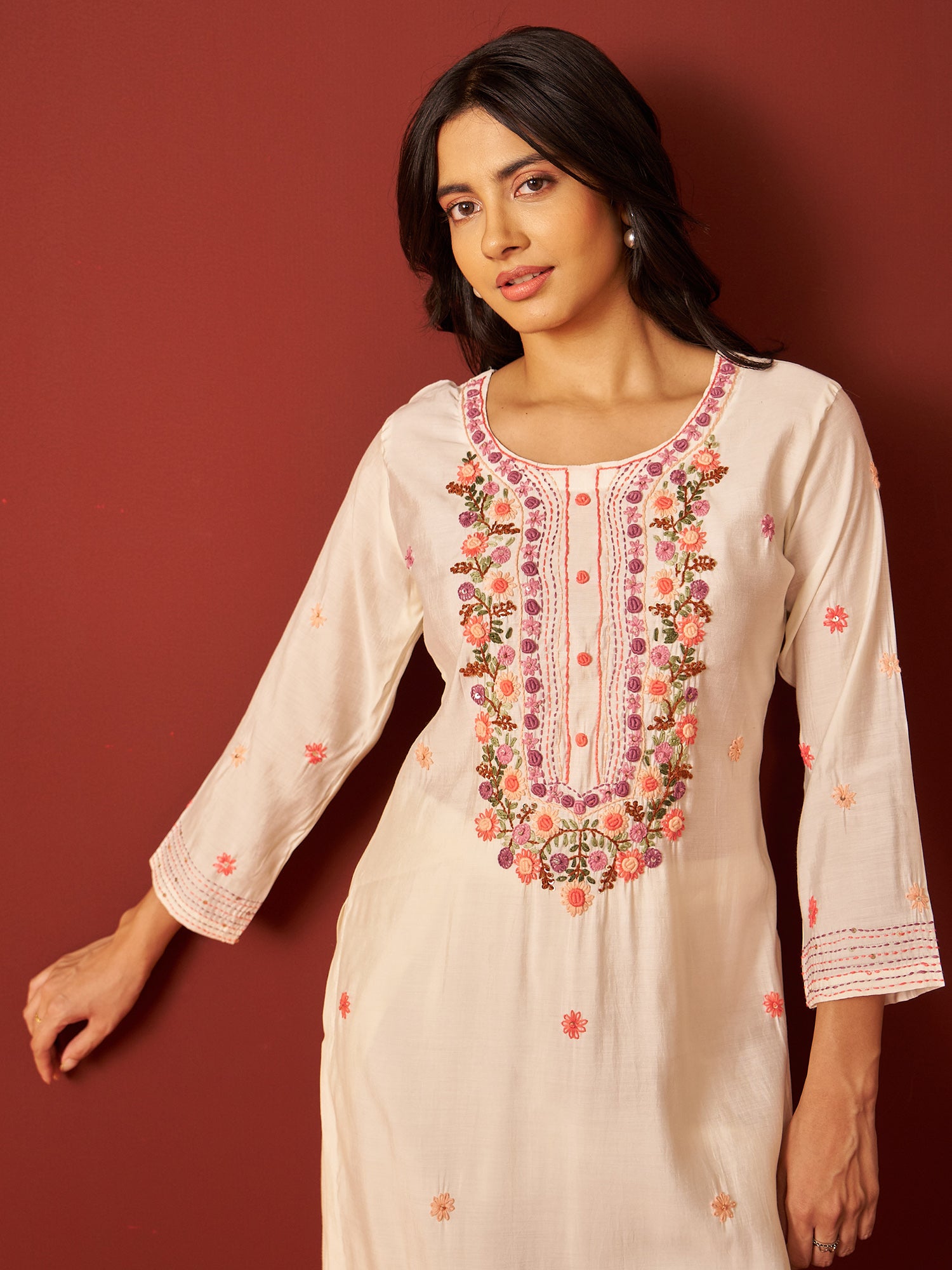 Indo Era Off White Embroidered Straight Kurta Trousers With Dupatta Set