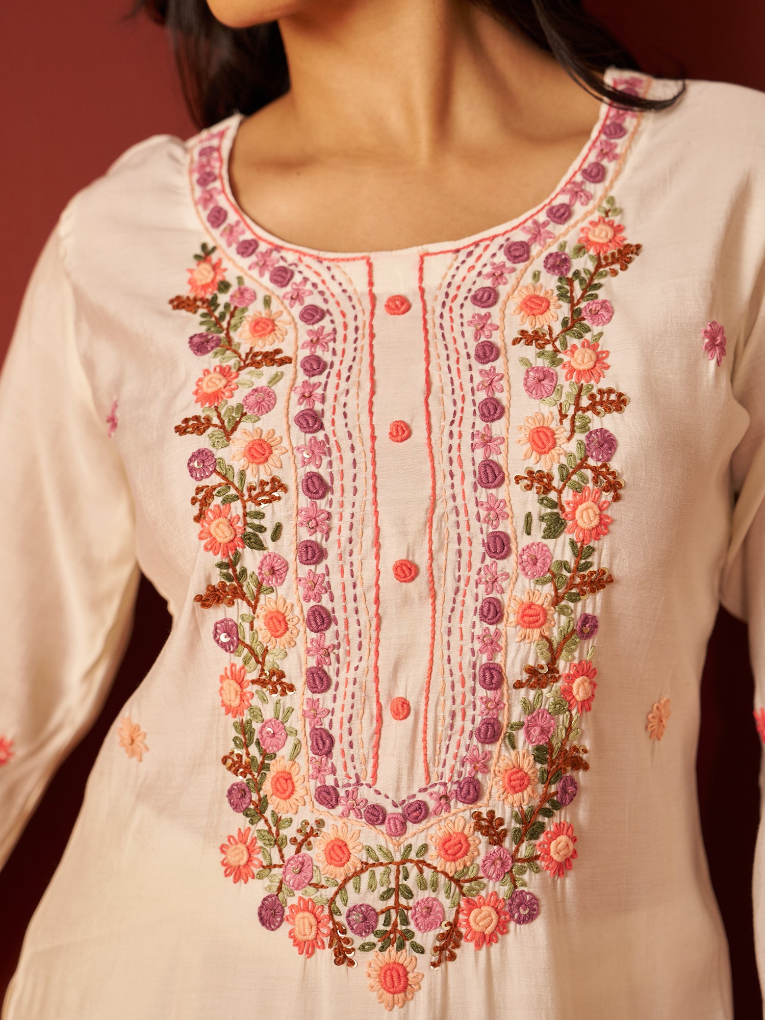 Indo Era Off White Embroidered Straight Kurta Trousers With Dupatta Set