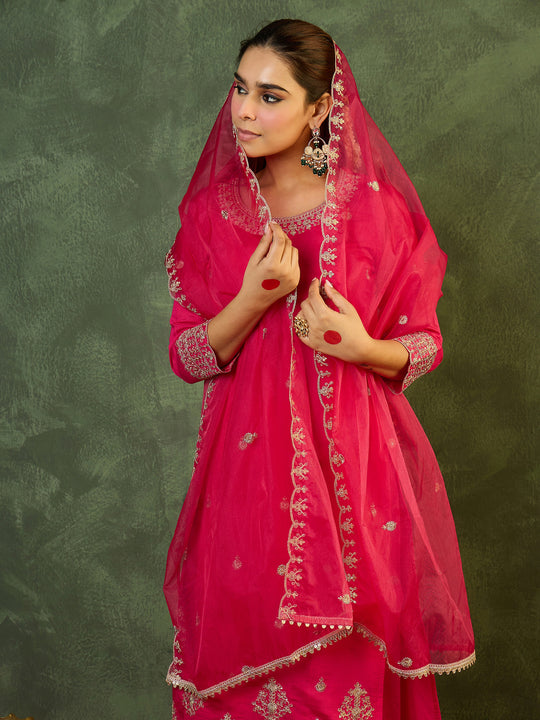 Indo Era Magenta Embroidered Straight Kurta Trousers With Dupatta Set