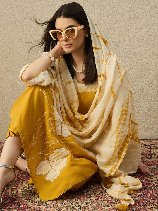 Indo Era Mustard Embroidered Straight Kurta Trousers With Dupatta Set