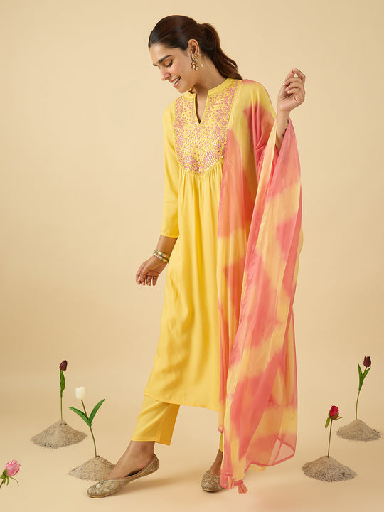 Indo Era Yellow Embroidered A-Line Kurta Trousers With Dupatta set
