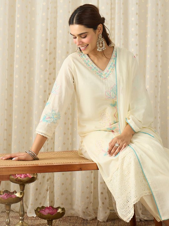 Off White Embroidered Straight Pure Cotton Kurta Set With Dupatta