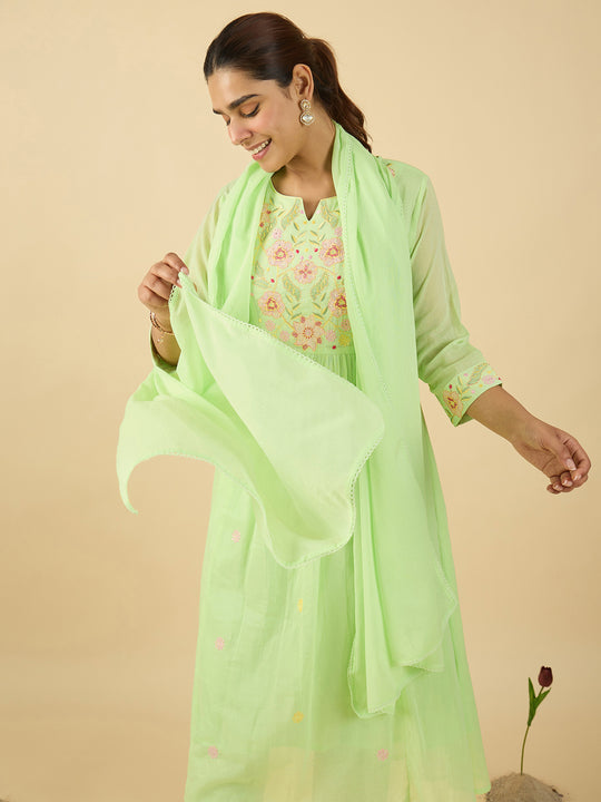 Indo Era Green Embroidered A-Line Kurta Trousers With Dupatta set