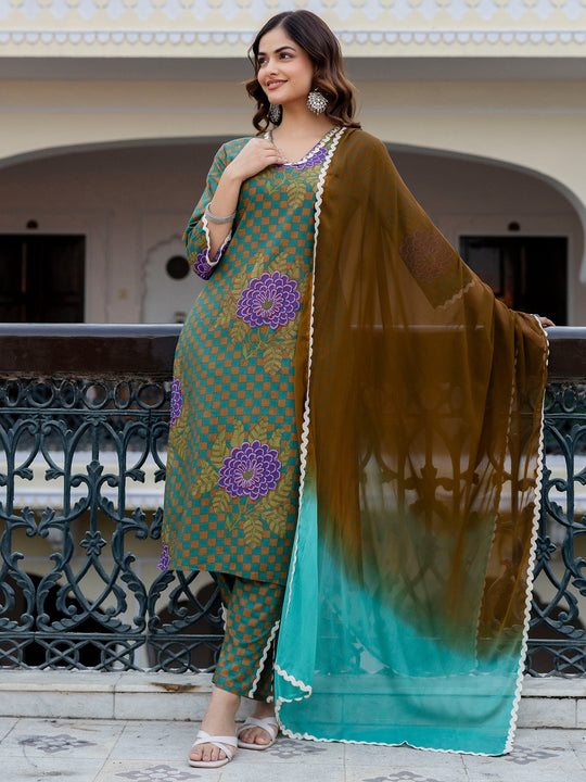 Multi Printed Pure Cotton Straight Suit Sets With Dupatta