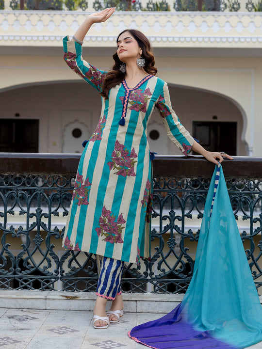 Multi Printed Pure Cotton Straight Kurta Sets With Dupatta