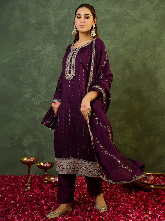 Purple Embroidered Straight Kurta Pant With Dupatta Set