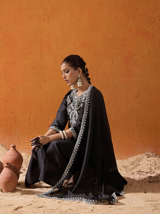 Indo Era Black Embroidered Straight Kurta Trousers With Dupatta set