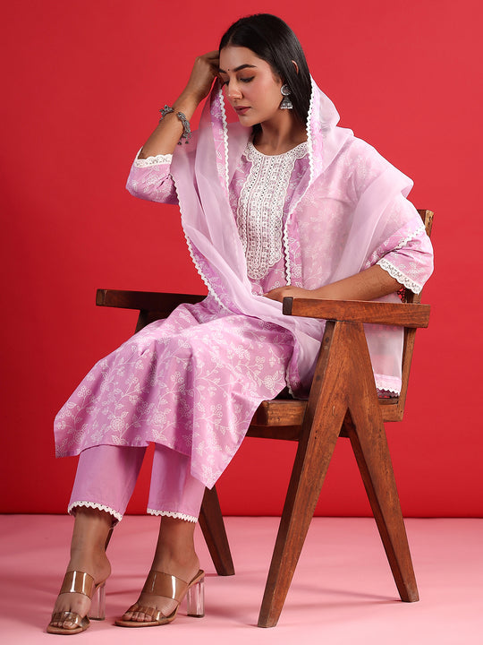 Indo Era Lavender Printed Straight Kurta Trousers With Dupatta Set