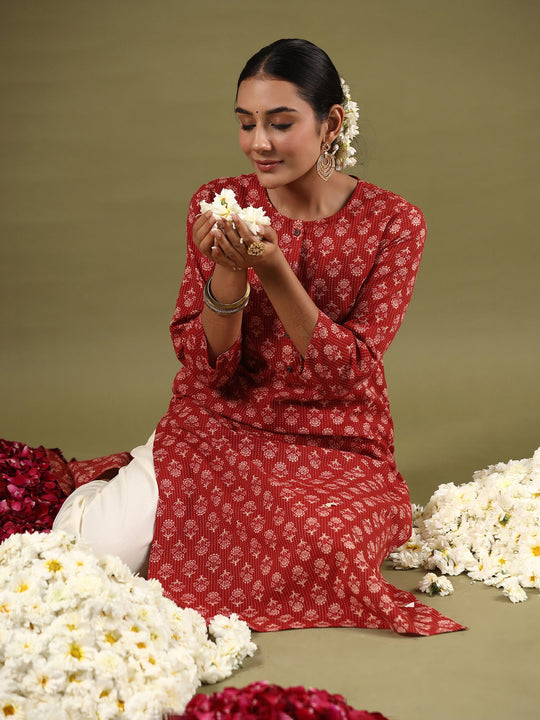 Indo Era Red Printed Straight Kurtas