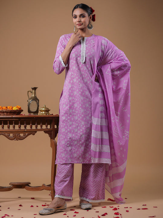 Indo Era Lavender & White Floral Printed Gotta Patti Kurta with Palazzos & Dupatta