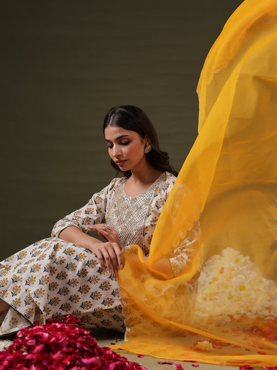 Indo Era Off White Embroidered Straight Palazzos With Dupatta Set