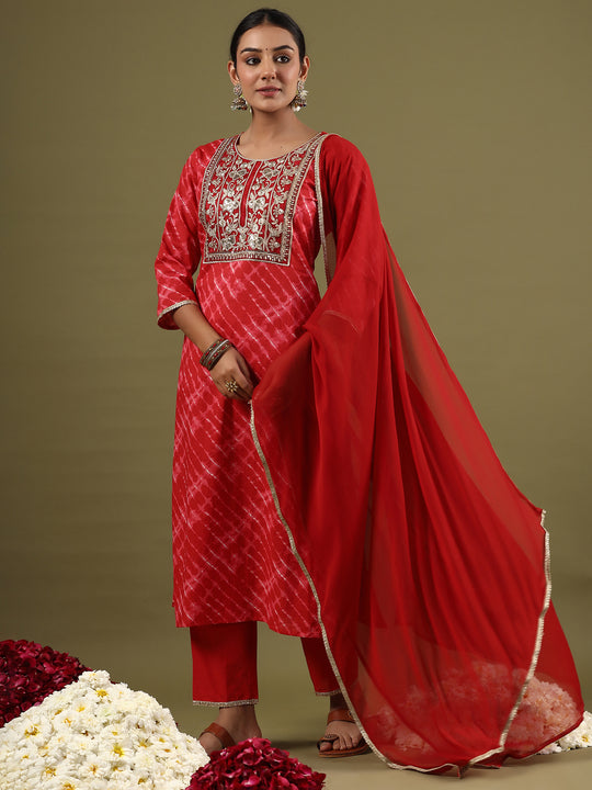 Indo Era Red Embroidered Straight Kurta Palazzos With Dupatta Set