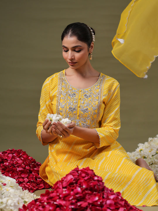 Indo Era Yellow Embroidered Straight Kurta Trousers With Dupatta Set