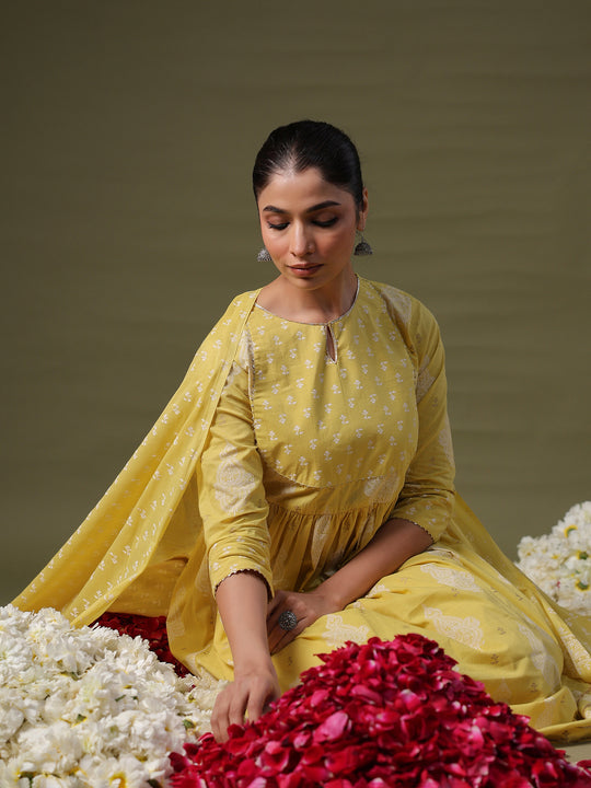 Indo Era Yellow Printed A-Line Kurta Trousers With Dupatta Set